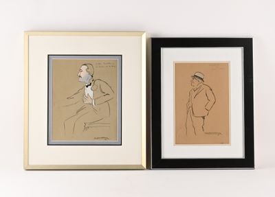 deux dessins encadrés représentant un homme en costume et une femme coiffée d'un chapeau
