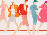 a drawing of a group of women walking down the street