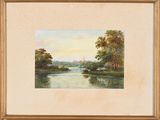 an image of a painting of a river with a church in the distance