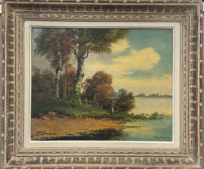 an oil painting of a river scene with trees and a boat