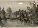 a picture of a painting of a river in a city