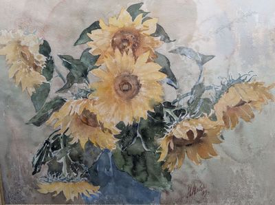 une peinture de tournesols dans un vase sur une table
