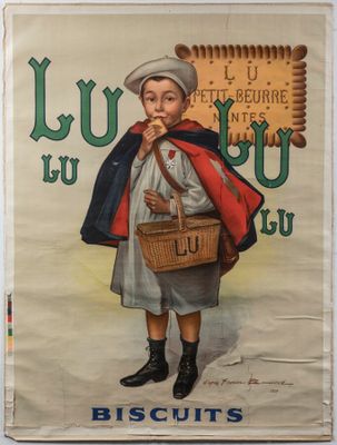 an old poster of a boy with a basket and a hat