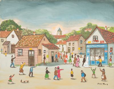 a painting of a street scene with people walking on it