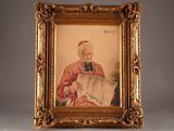 an old picture of a man reading a newspaper in a gold frame