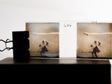 two pictures of people playing with a ball on a table
