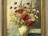 painting of a vase of flowers on a table with a wall in the background