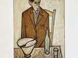 tableau représentant un homme en costume assis à une table, devant un bol et une bouteille