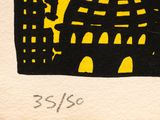a black and yellow drawing of a building with a clock on it