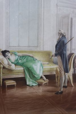 une peinture représentant un homme et une femme assis sur un banc
