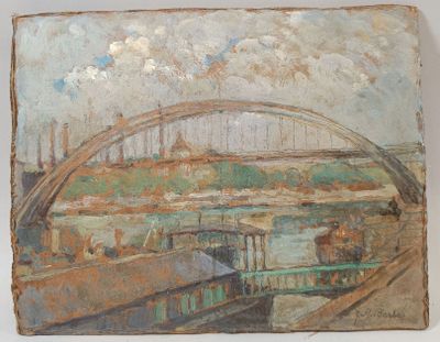 painting of a painting of a bridge over a body of water