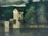 a painting of a white house on the water