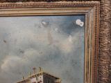 a picture of a painting of a man and a dog in a boat