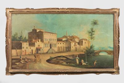 tableau représentant un village avec un pont enjambant une rivière