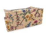 embroidered cosmetic bag with flowers and leaves on a beige background