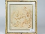 a framed drawing of a family seated on a couch