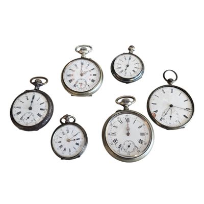 six silver pocket watches with roman numerals and roman numerals on them