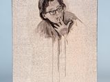 dessin représentant une femme portant des lunettes et tenant une cigarette sur une feuille de papier