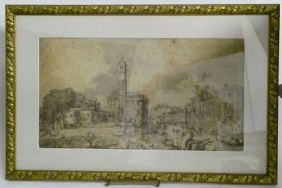 framed drawing of a view of a city with a clock tower