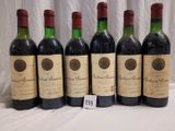 six bottles of red wine are lined up on a table