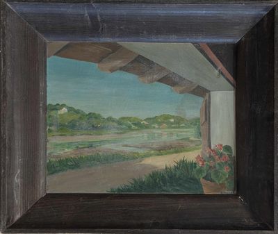 un tableau représentant une vue de paysage à travers une fenêtre