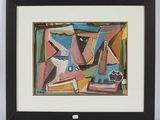framed painting of a still life with a vase and a pitcher