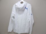 white hoodie with blue horse embroidered on the chest