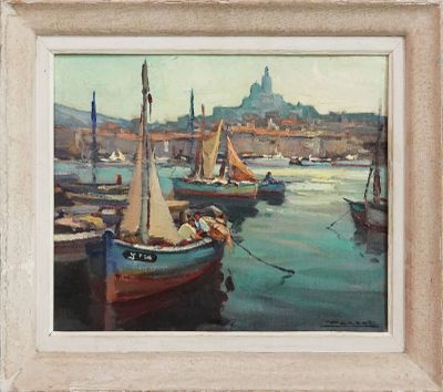 un tableau représentant des bateaux dans un port, avec un château en arrière-plan