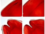 four pictures of a red purse with a zipper on the inside
