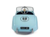 a blue toy car with a steering on a white background