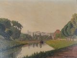 un tableau représentant une rivière sur laquelle navigue un bateau