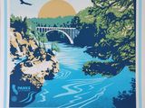 a poster of a bridge over a river with a bird flying over it