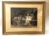 an old picture of a group of people sitting around a table