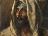 un tableau représentant un homme vêtu d'une robe blanche et portant un bandeau bleu