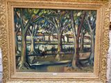 a picture of a painting of a park with trees