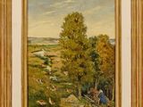 a painting of a landscape with a person sitting on a bench