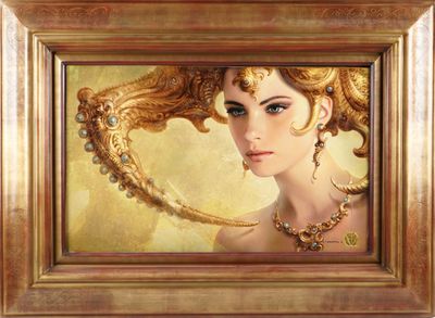 painting of a woman in a gold frame with a necklace and earrings