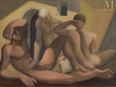 an image of a painting of three nudes sitting on a table