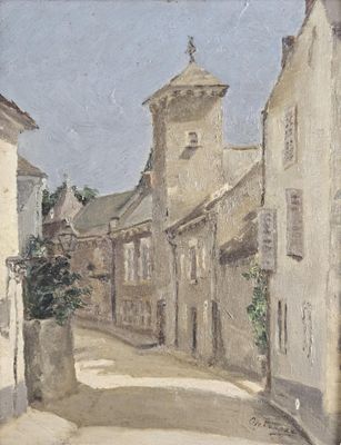 painting of a street scene with a clock tower in the distance