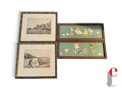 three framed pictures of children playing in a field with a horse