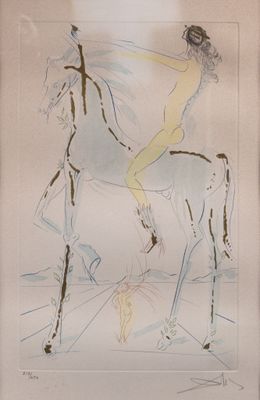 painting of a woman riding a horse with a man on it