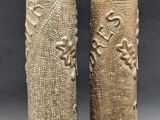 pair of antique brass vases with flowers and leaves
