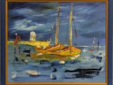 tableau représentant des voiliers dans un port, avec un phare en arrière-plan