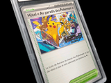 pokemon trading card in a clear plastic holder on a black background