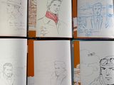 several sketches of a man in a hat and a woman in a red scarf