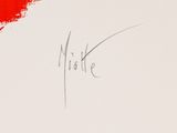 a picture of a red and white painting with a name written on it