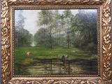 an oil painting of cows grazing in a field by a stream