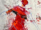 tableau représentant une femme en robe rouge tenant une raquette de tennis