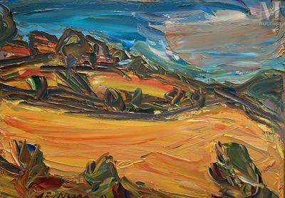 une peinture à l'huile représentant un paysage avec un champ et une maison au loin