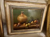 a painting of a vase and fruit on a shelf